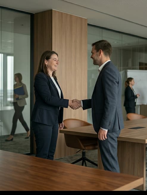 Two professionals shaking hands across a boardroom table