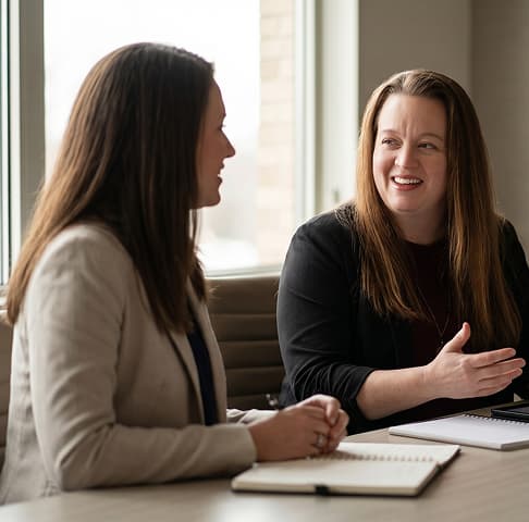 Two colleagues talking through notes in a meeting room