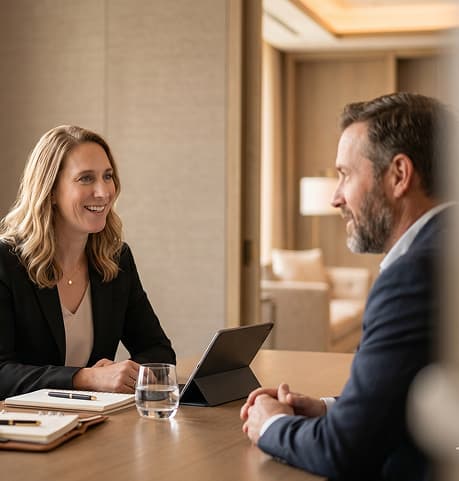 An advisor and a private client reviewing figures on a tablet in a boardroom