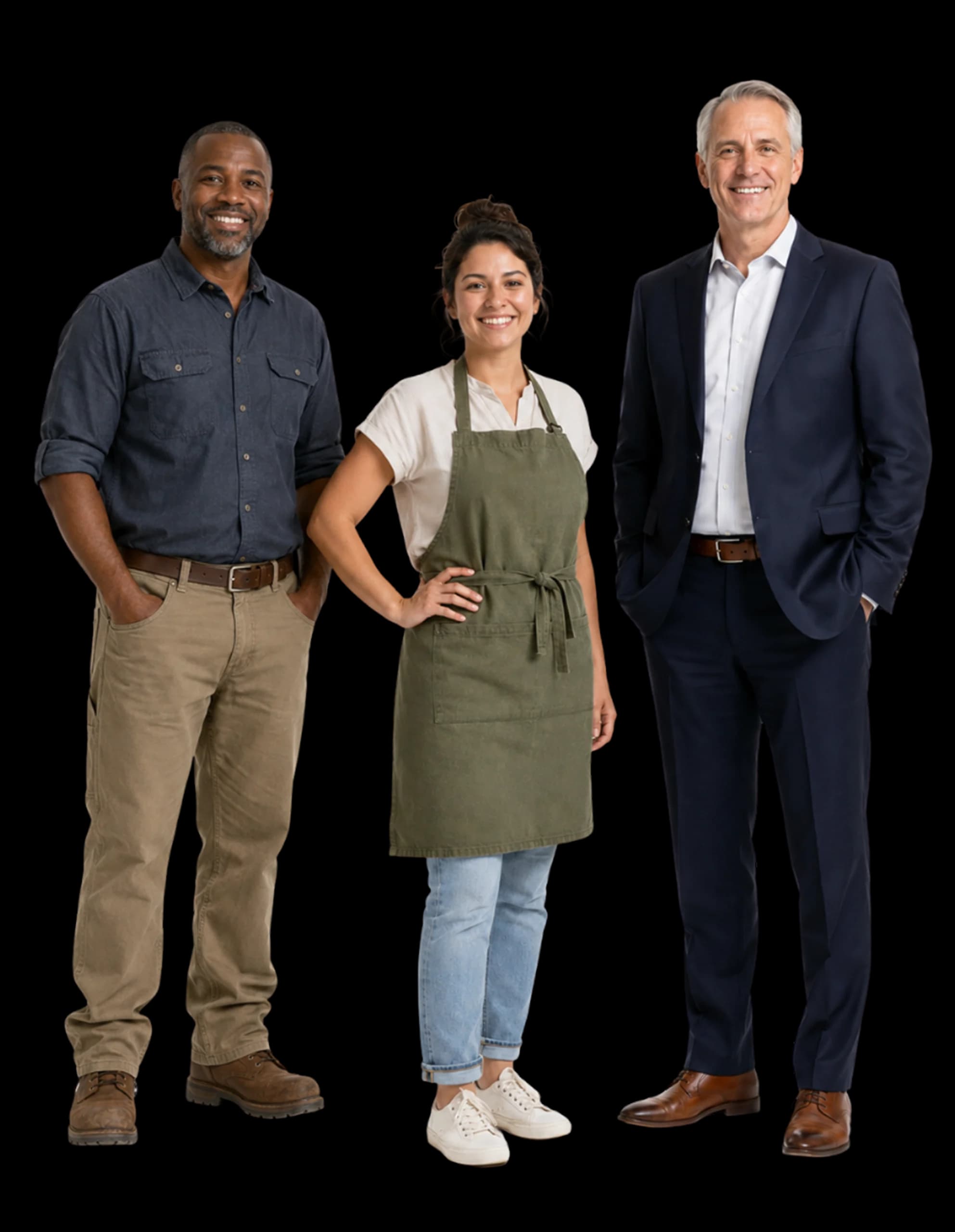 Three business owners standing together: a tradesman, a coffee shop owner and a company director