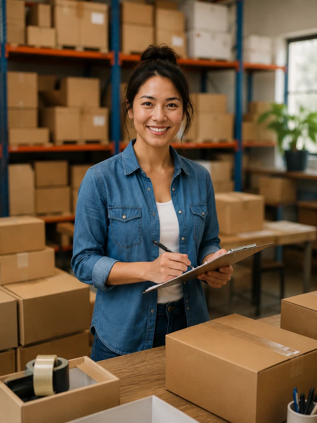A business owner checking stock against a clipboard in her warehouse