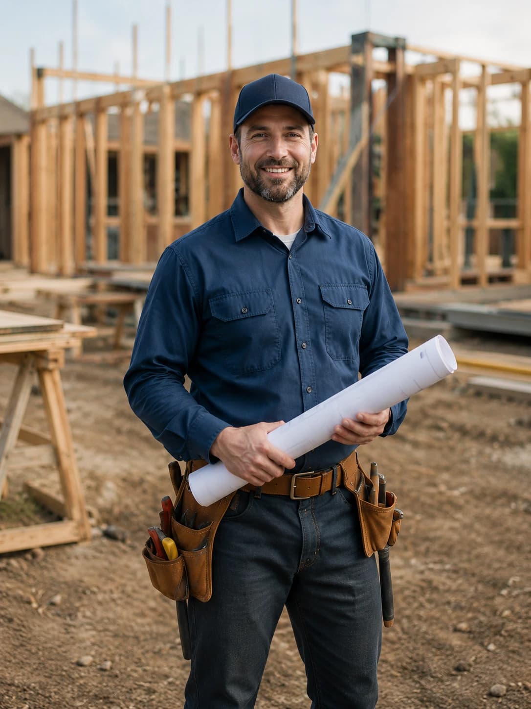 A construction contractor holding rolled plans at a timber-framed build