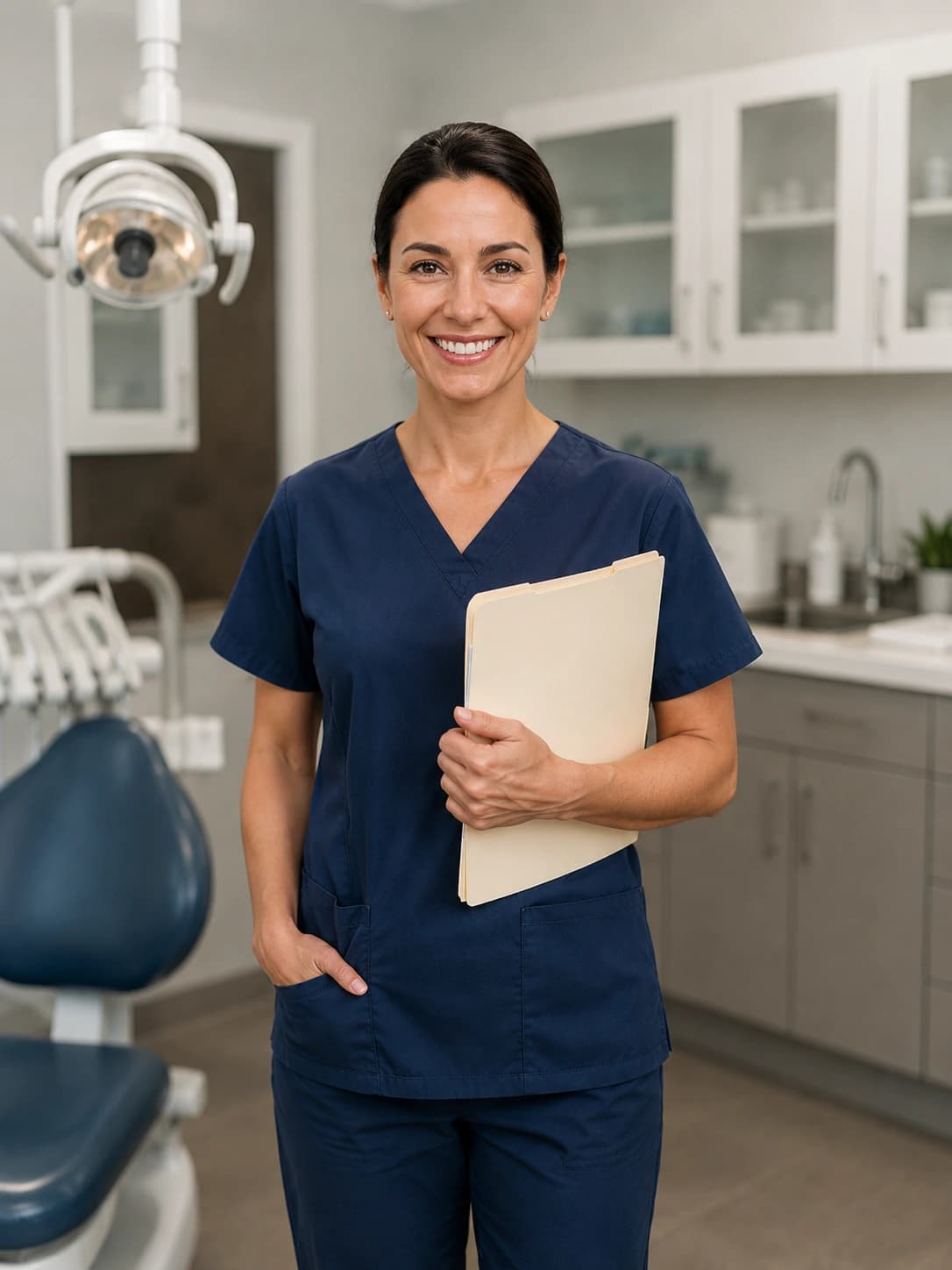 A dental practice owner holding patient files in her surgery