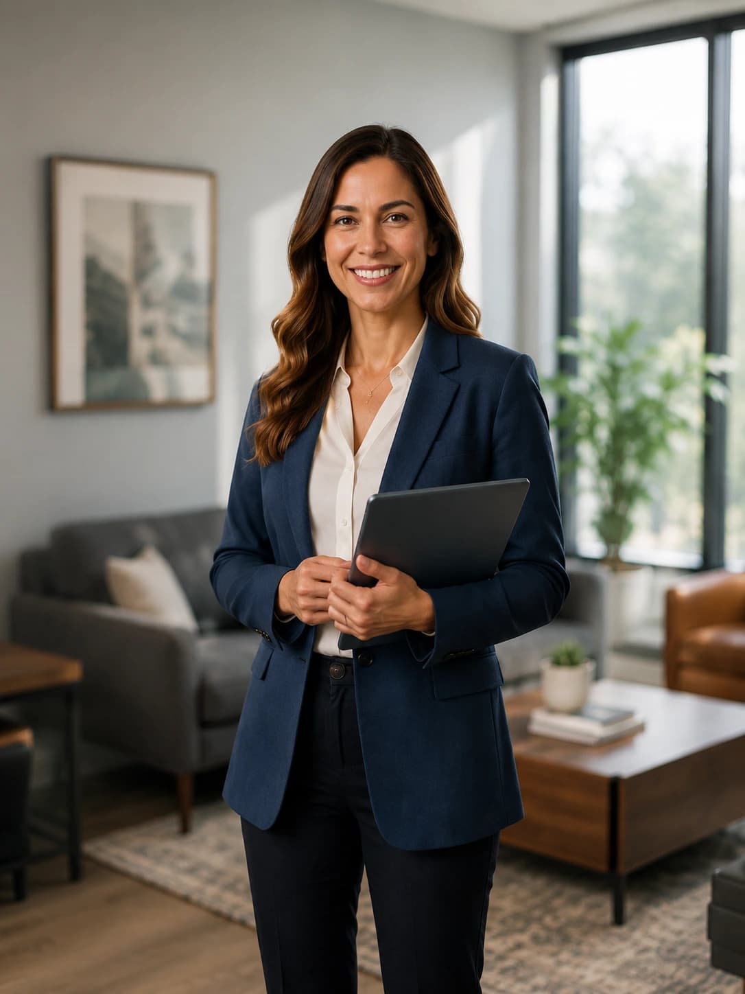 A professional services owner holding a tablet in her office