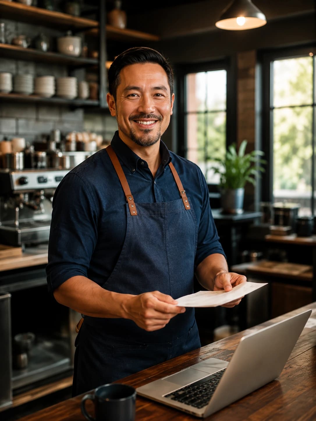 A coffee shop owner reviewing a statement at his counter